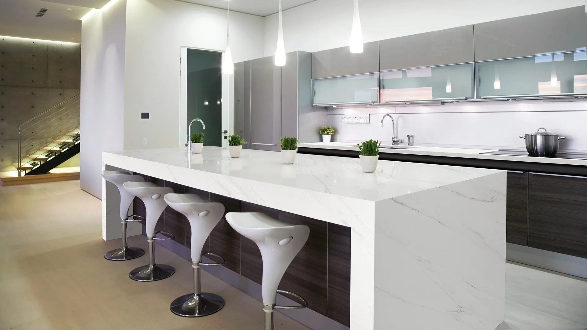 Avant Calacatta Riviera white engineered quartz island worktop, polished surface