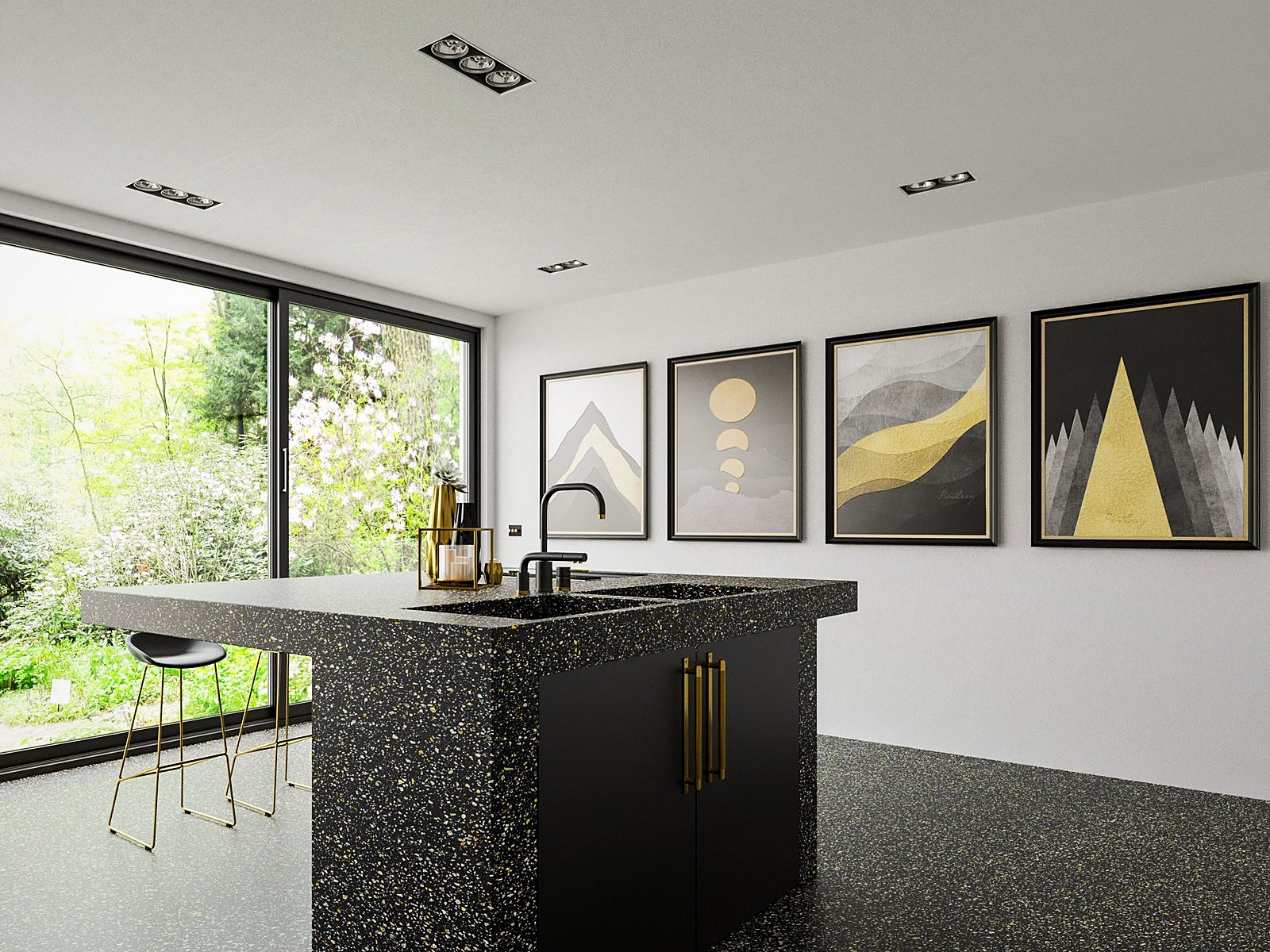 Technistone Taurus Terrazzo Black køkkenø i kvarts, monteret af Stoneks