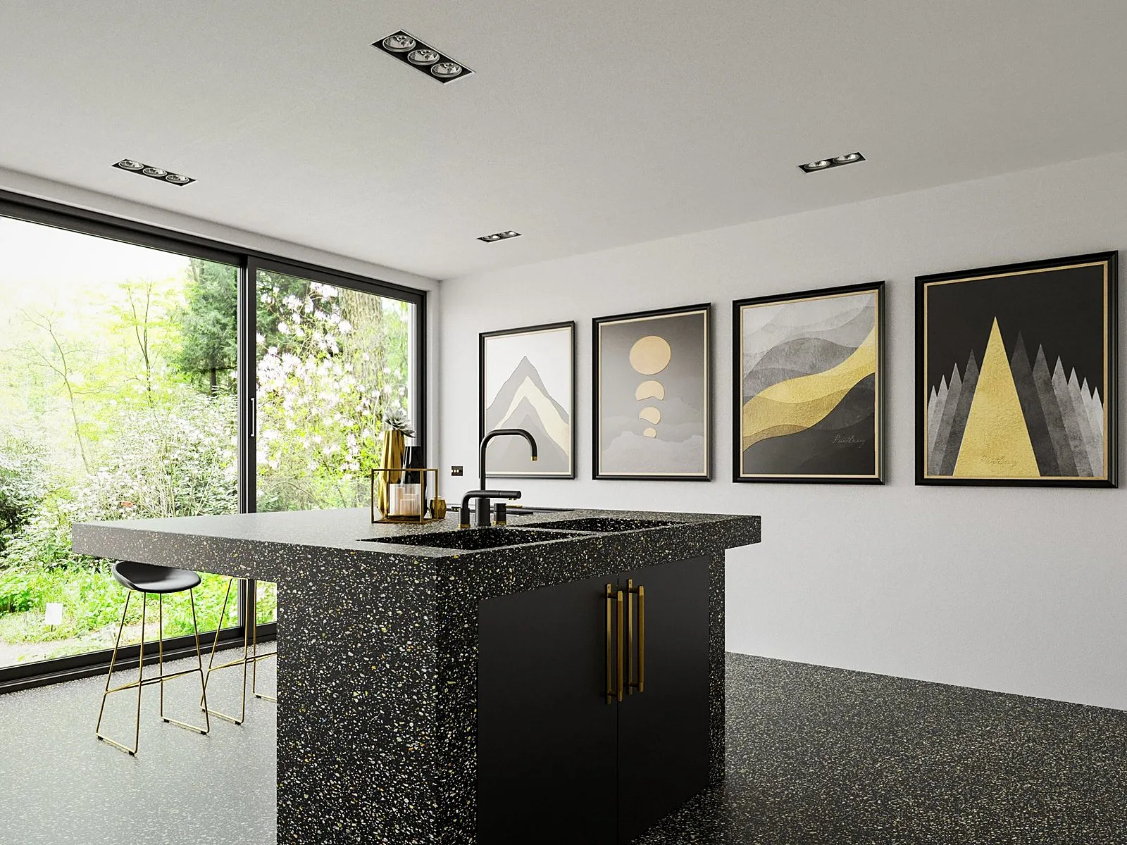 Technistone Taurus Terrazzo Black quartz kitchen island, installed by Stoneks