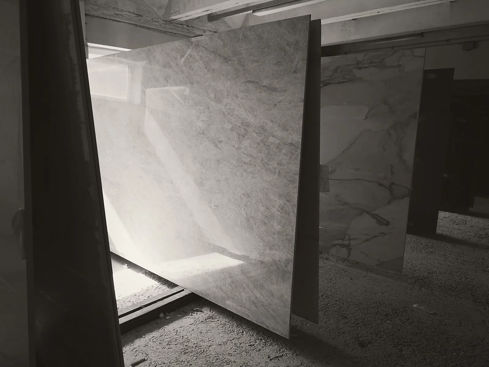 Full stone slabs in the warehouse of the Stoneks factory in Patika